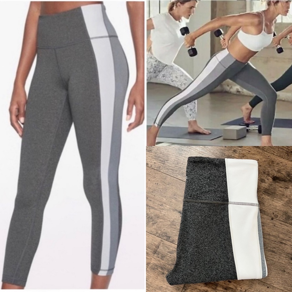 ATHLETA Salutation Colorblock Side Stripe 7/8 Tights Cropped Leggings Grey White